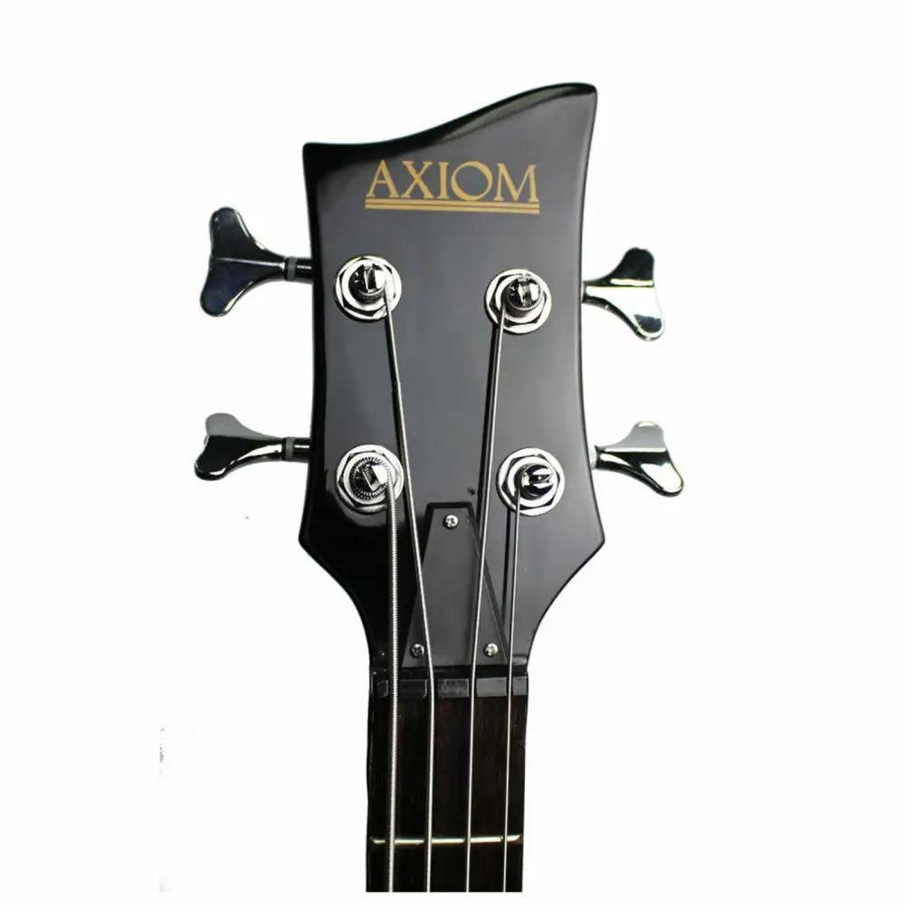 Black electric bass guitar headstock with four tuning pegs, Axiom Cavern Beatle Bass