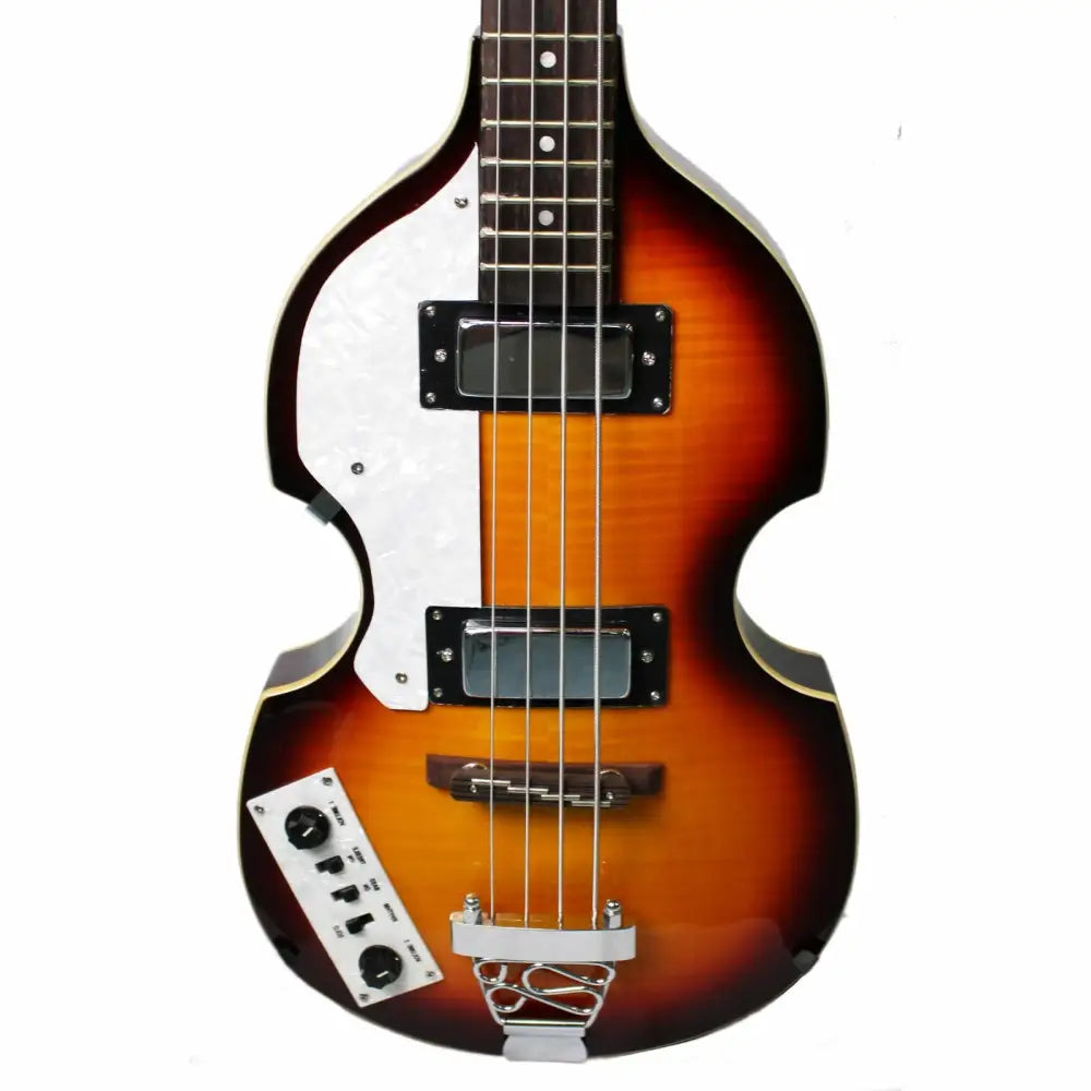 Sunburst left handed Beatle Bass with violin-shaped hollow body, white pickguard, humbuckers