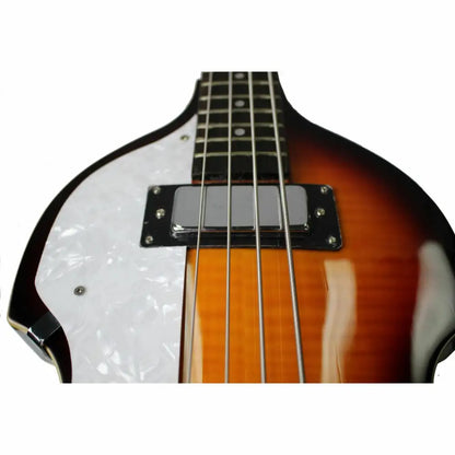 Left handed Sunburst Axiom Cavern Beatle Bass with white pearloid pickguard