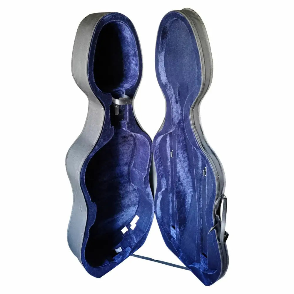 Open dark blue velvet-lined Axiom cello case for full size cellos, perfect for musicians