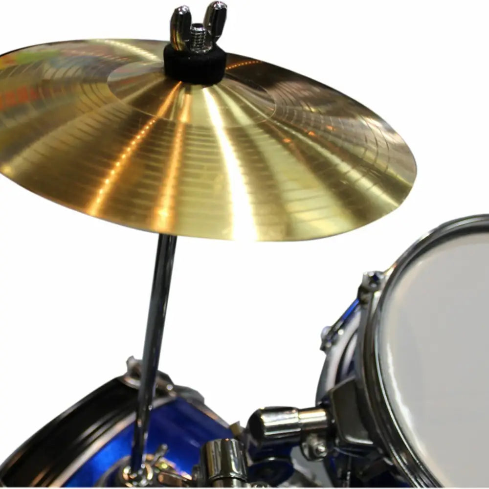 Shiny brass cymbal on Axiom Childrens Drum Set Blue toddler drum set for kids
