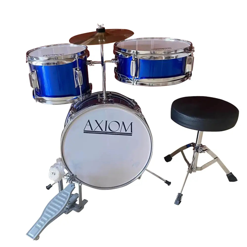 Blue Axiom Childrens Drum Set with cymbal and stool, perfect toddler drum kit