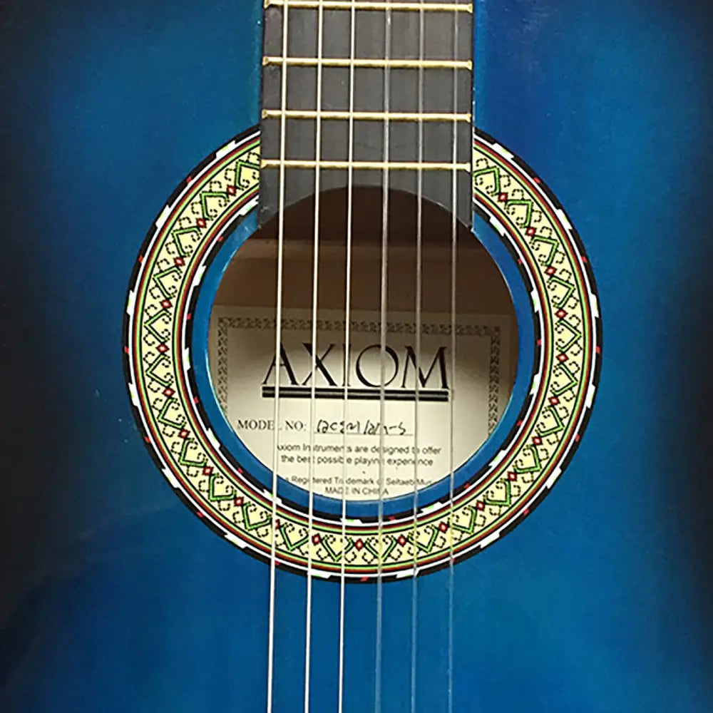 Blue kids guitar with decorative soundhole rosette from Axiom Children’s Guitar Pack