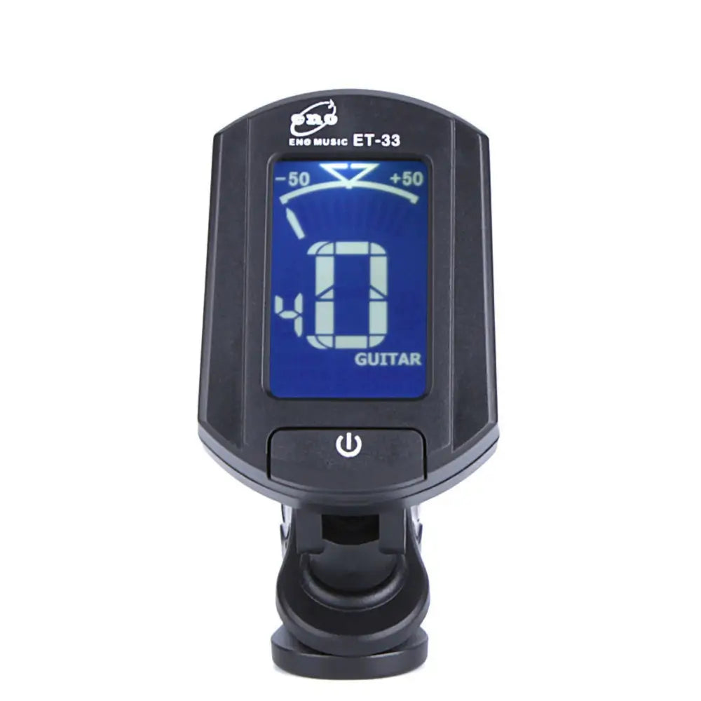 Black clip on guitar tuner with blue backlit display, perfect cheap electronic guitar tuner