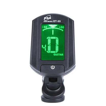 Black digital clip on guitar tuner with green backlit display, perfect cheap electronic guitar tuner