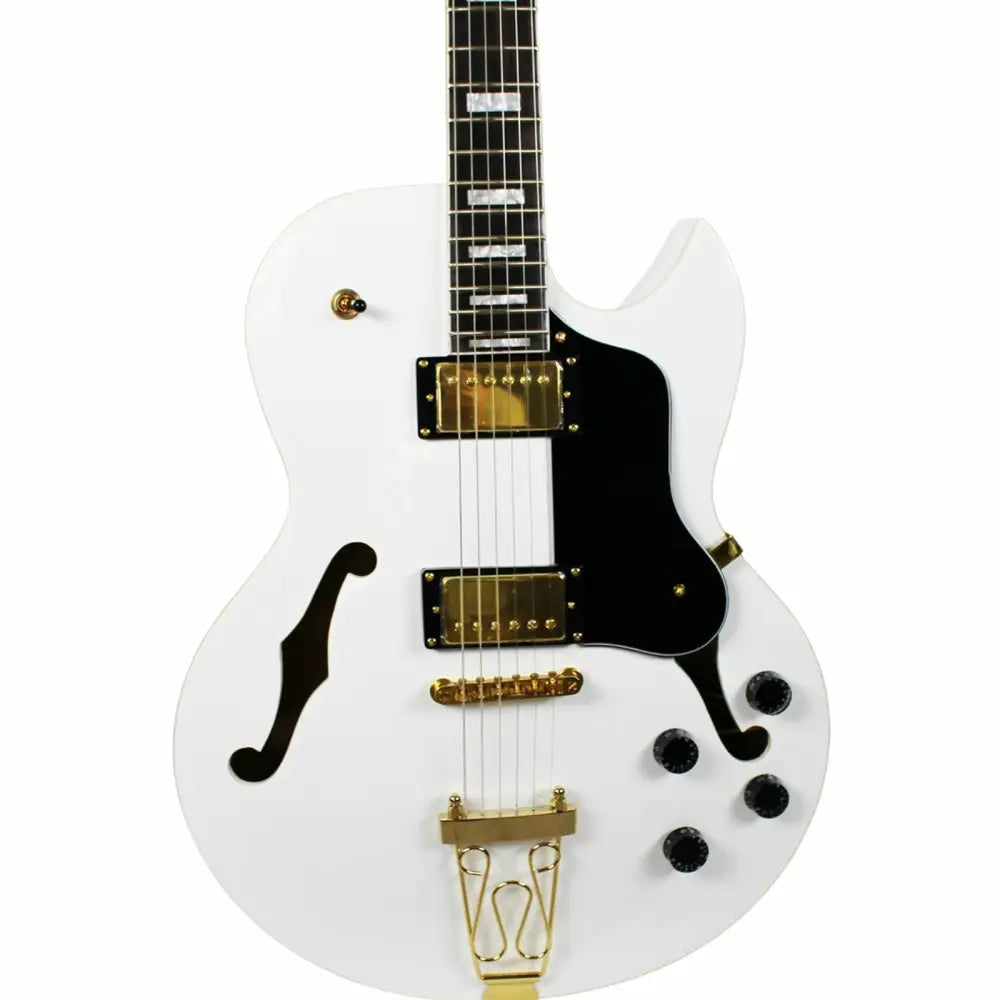 White hollow-body electric guitar with gold hardware from Axiom White Bird vintage guitar for sale