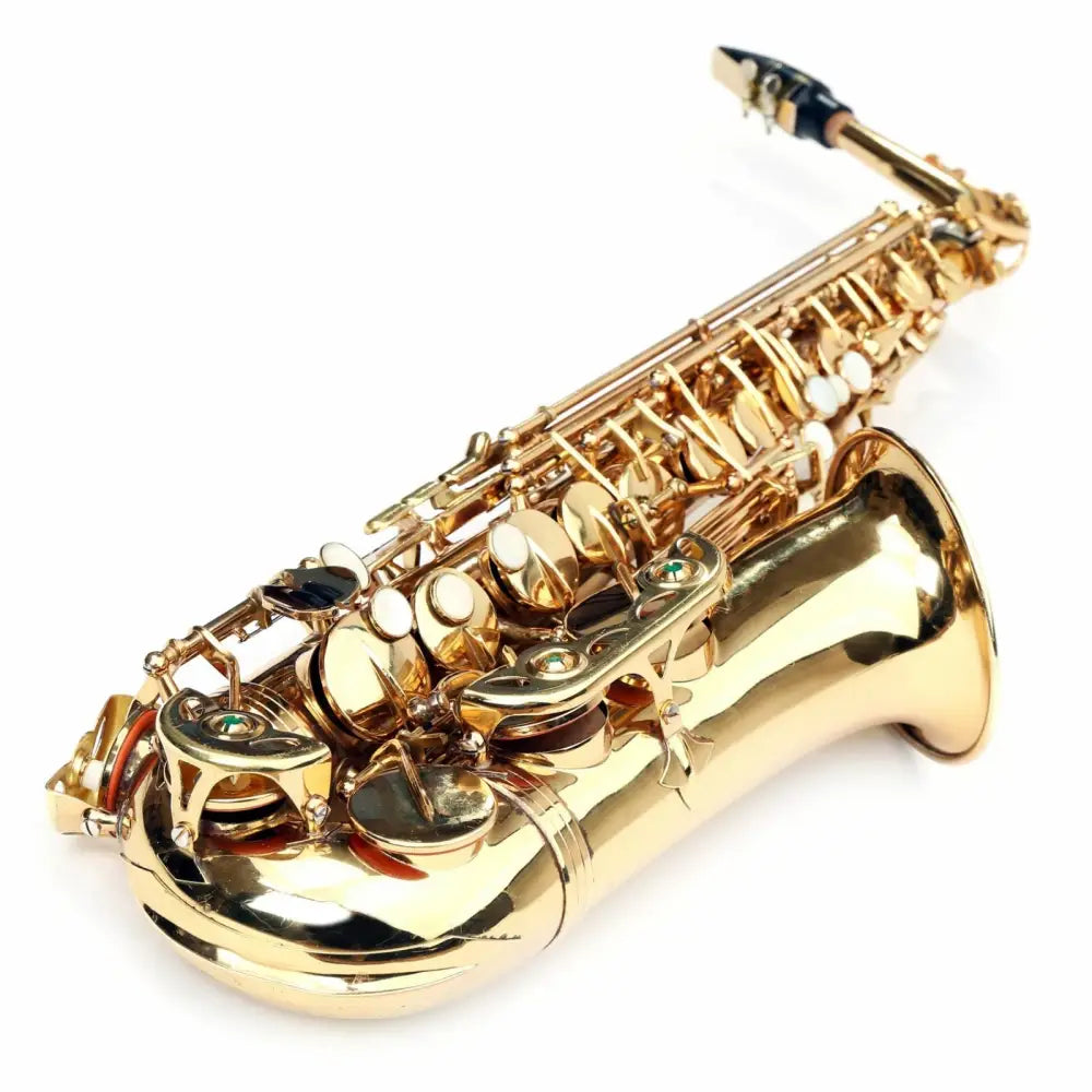 Shiny golden brass alto sax for sale Australia with white keys and dark mouthpiece