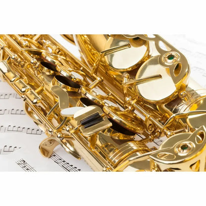 Gleaming golden Axiom Concerto Series Alto Saxophone with intricate keywork