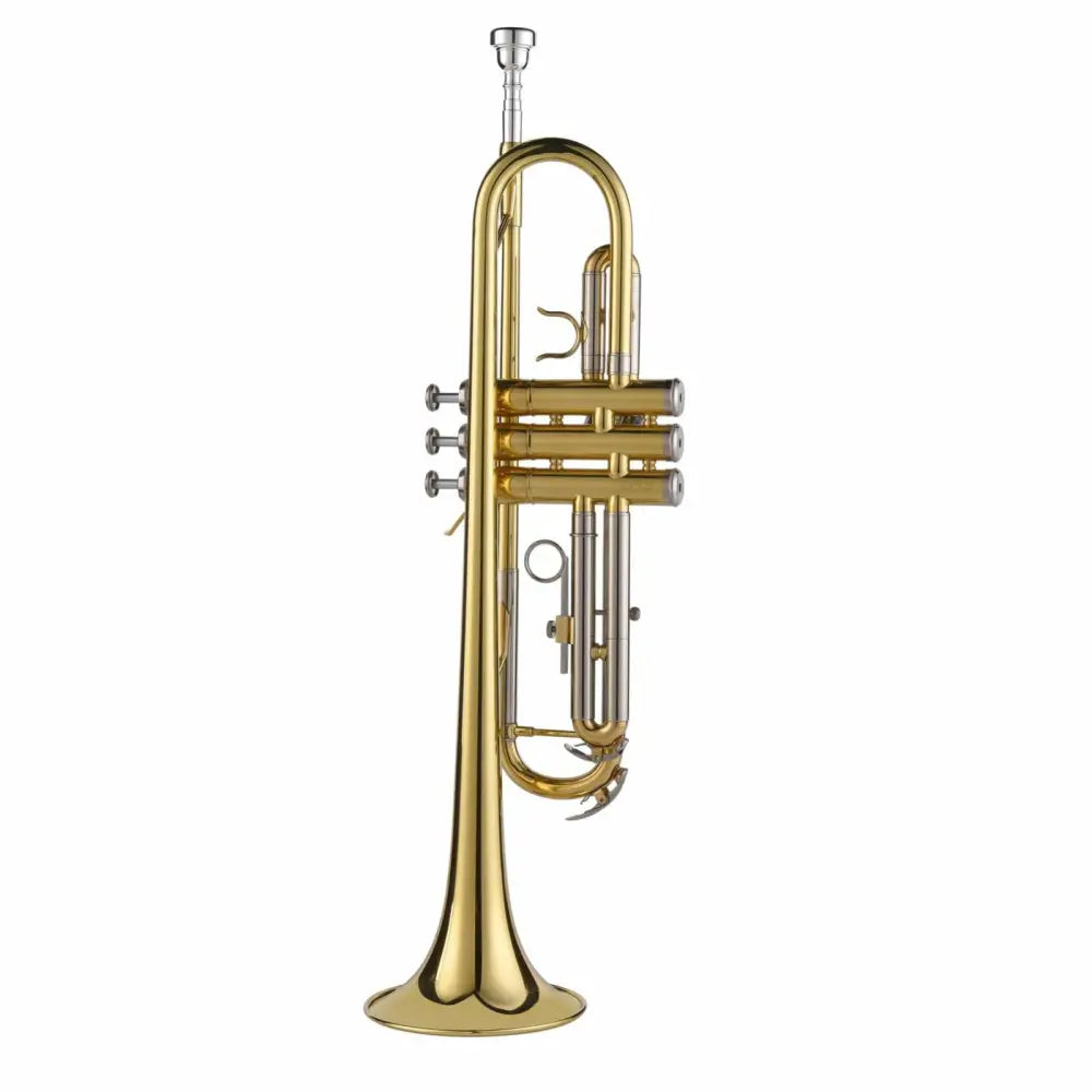 Brass-colored school band trumpet with three valves, perfect beginner trumpet outfit
