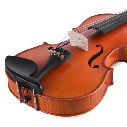 Close-up of Axiom Concerto 1/4 size violin outfit with brown wood finish and black chin rest