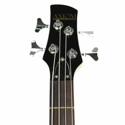Axiom Defender bass guitar headstock with chrome tuning pegs on Sunburst Defender Bass Guitar