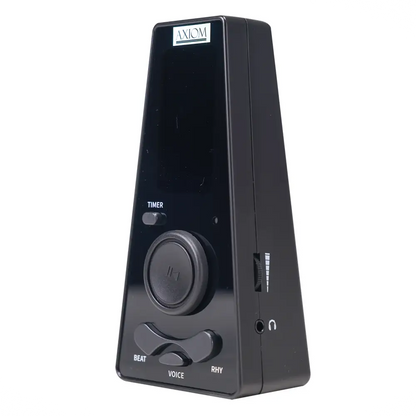 Axiom digital metronome in black with glossy finish and control knobs for timer beat voice and rhythm settings