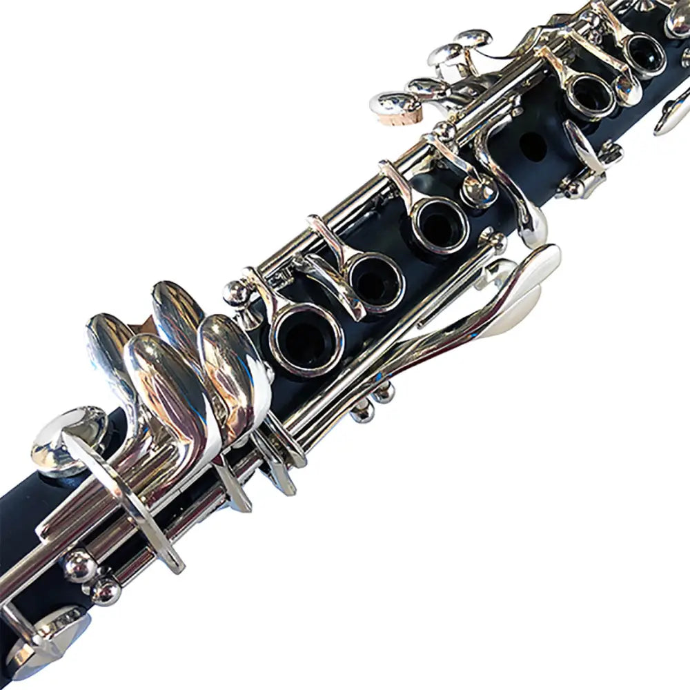 Black Axiom E Flat Alto Clarinet with silver plated keys and a flat clarinet design