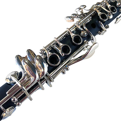 Black Axiom E Flat Alto Clarinet with silver plated keys and a flat clarinet design