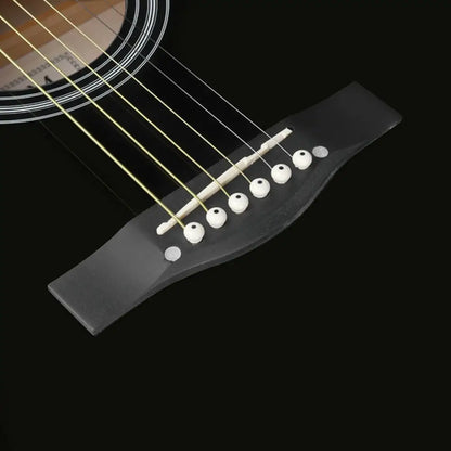 Black steel string guitar bridge with white pins on Axiom Folkmaster dreadnought guitar for sale