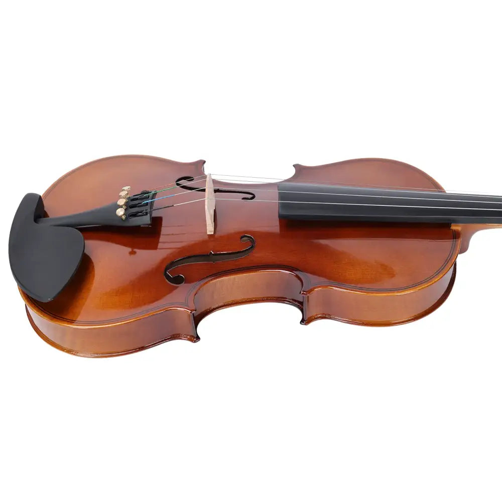Axiom left handed violin outfit 1/2 size with polished brown wooden body and black chin rest and fingerboard