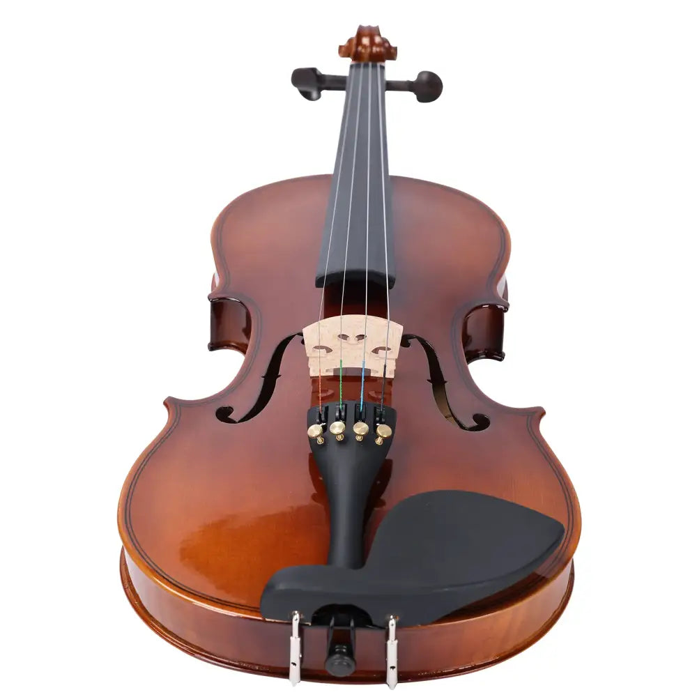 A polished brown wooden axiom left handed violin outfit 1/2 size with black chin rest and gold tuning pegs