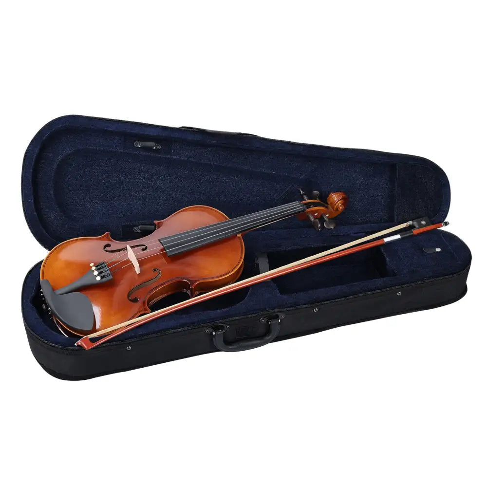 Axiom left handed 1/4 size violin outfit with polished amber wooden violin and matching bow in a navy blue padded case