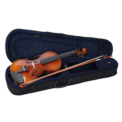 Axiom left handed 1/4 size violin outfit with polished amber wooden violin and matching bow in a navy blue padded case