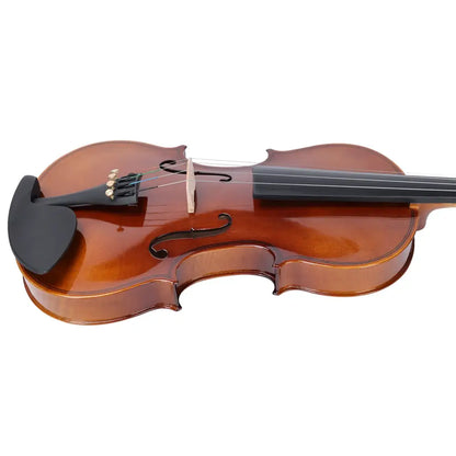 A polished brown wooden axiom left handed violin full size with black chin rest and fingerboard