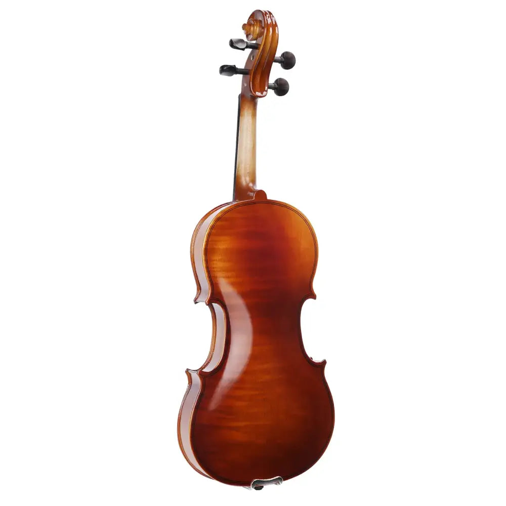Axiom left handed full size violin with polished rich amber brown wood and glossy finish with elegant curves