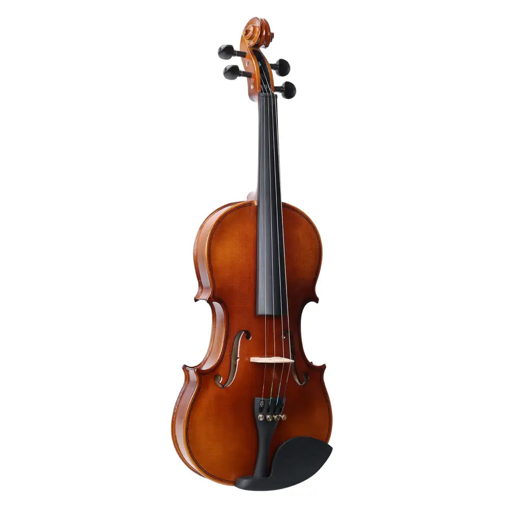 Axiom left handed full size violin outfit with polished brown wooden body black fittings and matching chin rest