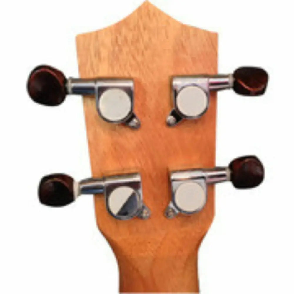 Rear view of Axiom Mahina Tenor Ukulele headstock with four tuning pegs, perfect for beginners