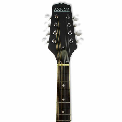 Black Axiom Mandolin headstock and fretboard with eight tuning pegs, perfect for beginners or cheap mandolin for sale in Australia