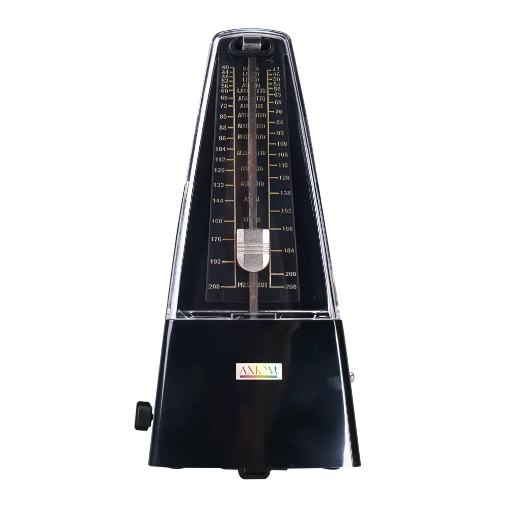 Black axxom mechanical metronome with transparent front showing gold tempo markings and silver pendulum for musicians