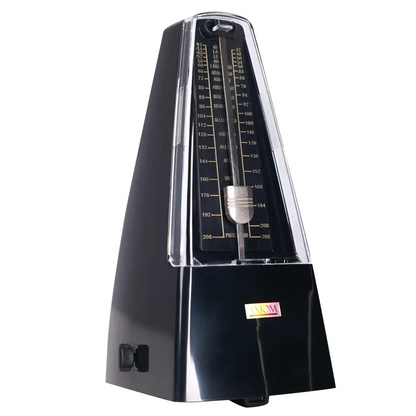 Black Axiom mechanical metronome with transparent front showing gold musical notes and a silver pendulum