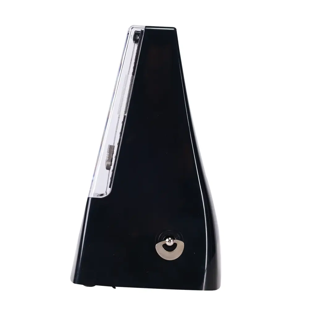 Black plastic axiom mechanical metronome with transparent side panel showing spring and silver adjustment knob