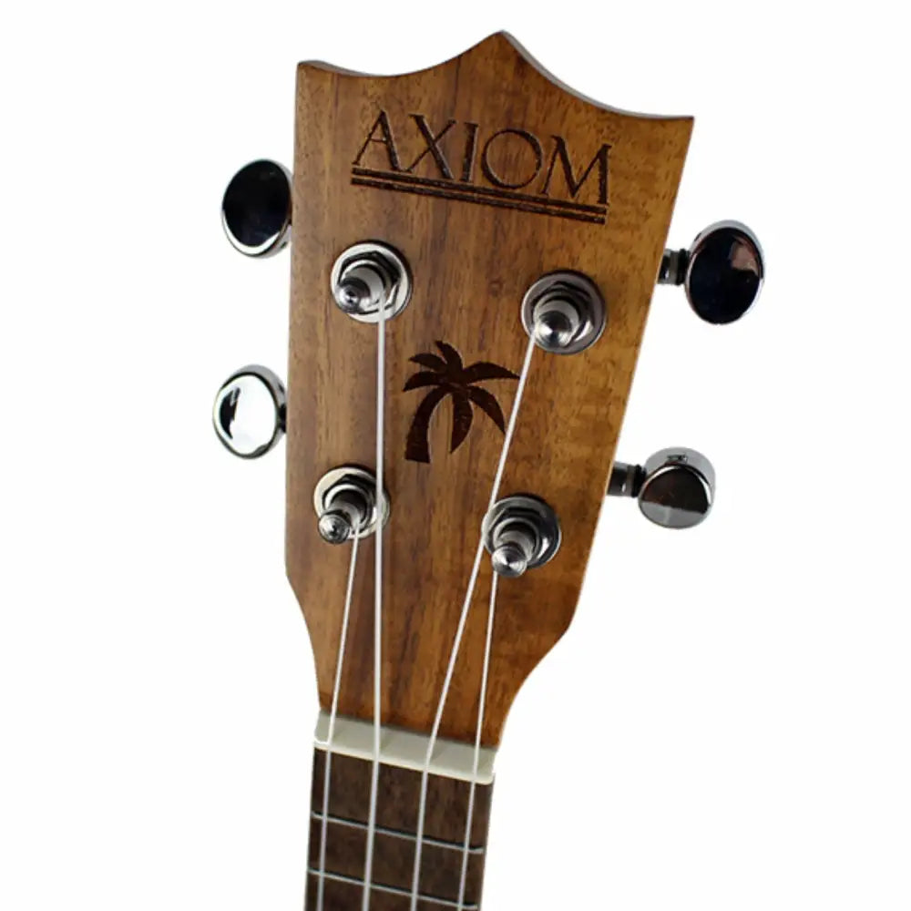 Wooden ukulele with pickup for sale featuring palm tree inlay on headstock