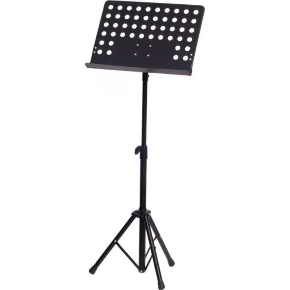 Black perforated orchestral music stand with tripod base, affordable music stand for orchestra
