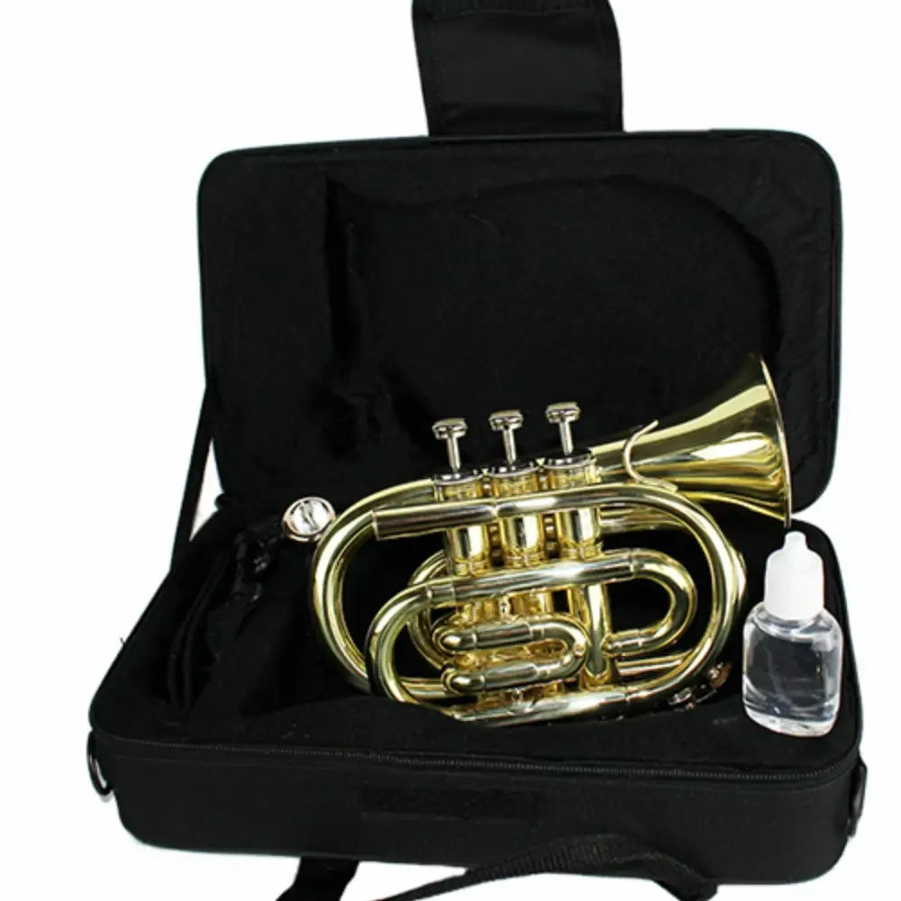 Shiny gold Axiom Pocket Trumpet Outfit with silver valves and valve oil in case