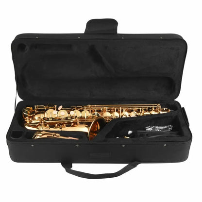 Shiny gold alto sax for sale Australia in open black case, perfect for school band student
