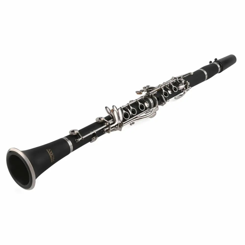 Black clarinet with silver-colored keys from Axiom Prelude Complete Beginner Clarinet Outfit with high quality reeds