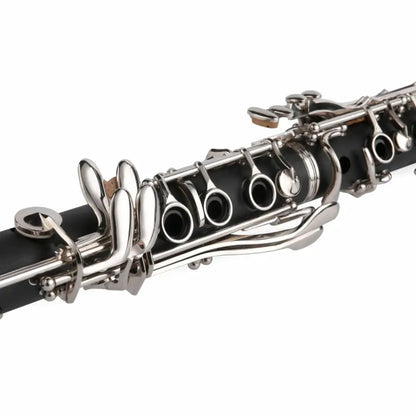 Close-up of Axiom Prelude Clarinet with silver keys and high quality reeds