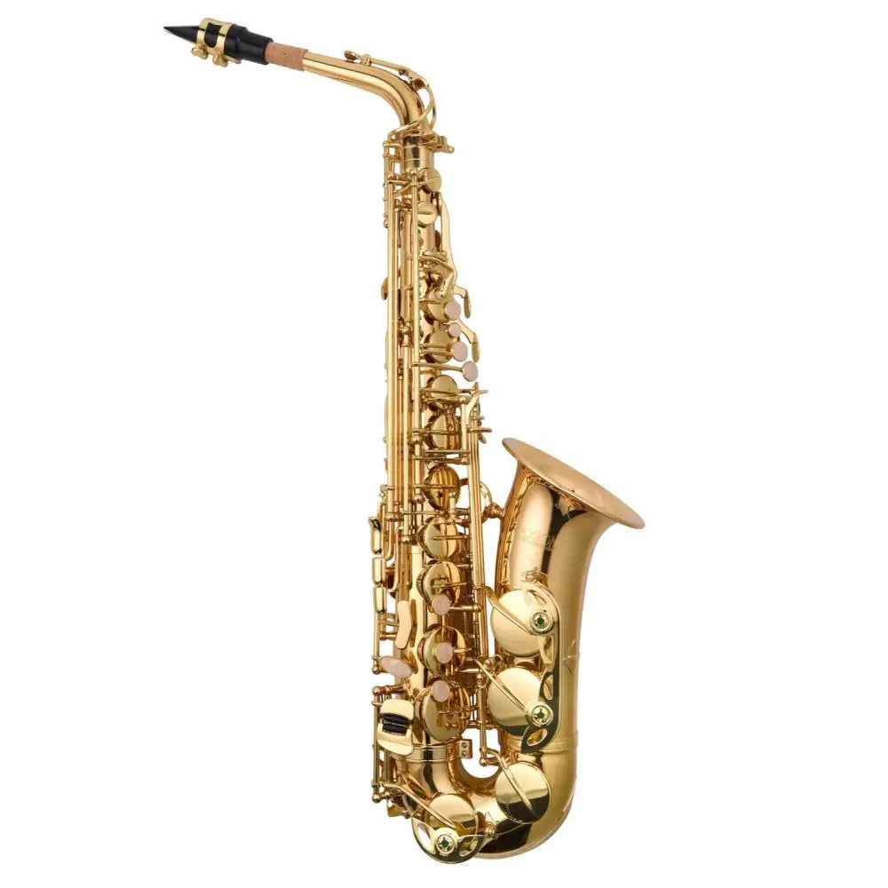 Shiny gold tenor saxophone with black mouthpiece from Axiom Prelude beginner saxophone for sale Australia