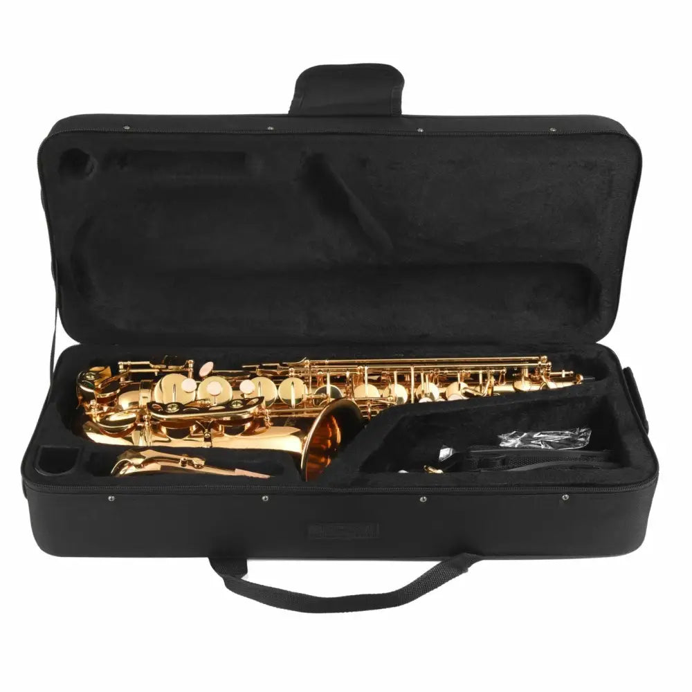 Golden alto saxophone in open black case, perfect beginner saxophone for sale Australia