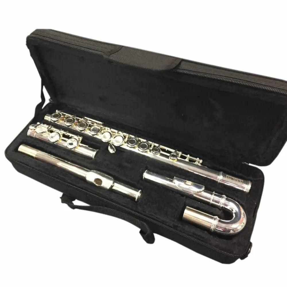 Silver-colored curved head flute disassembled in black case, perfect flute for young players