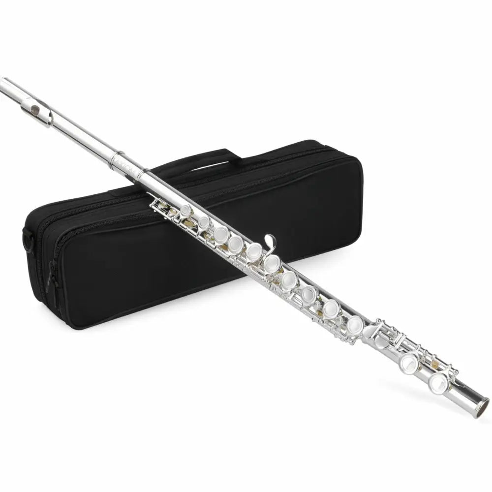 Silver-colored Axiom Prelude Flute with black carrying case and cleaning kit
