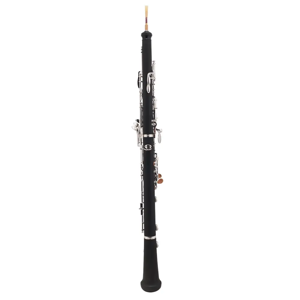 Black bassoon with silver keys and wooden mouthpiece shown in the axiom prelude oboe outfit product image