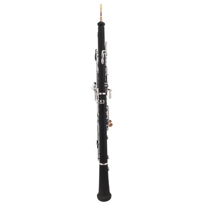 Black bassoon with silver keys and wooden mouthpiece shown in the axiom prelude oboe outfit product image