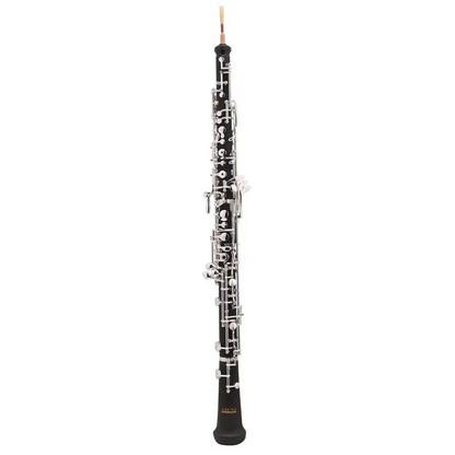 Black wooden bassoon with silver keys and gold mouthpiece shown with axiom prelude oboe outfit product details