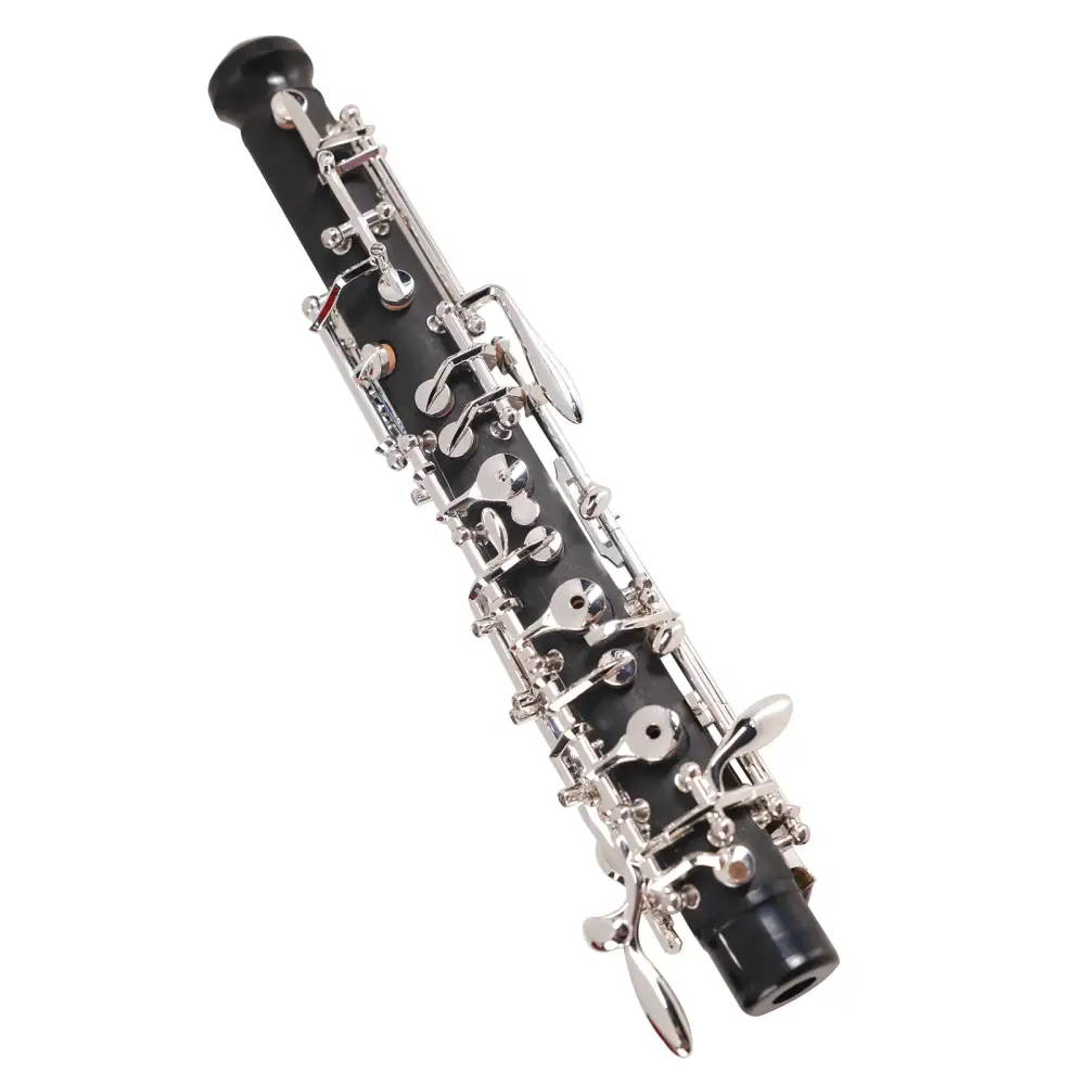 Black wooden clarinet with silver metal keys from the axiom prelude oboe outfit shown from the back side