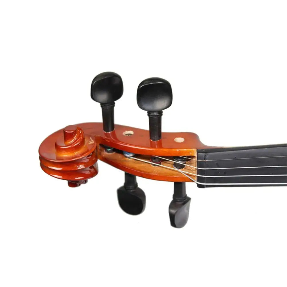 Violin scroll and pegbox with tuning pegs and strings on Axiom Prelude full size beginner violin