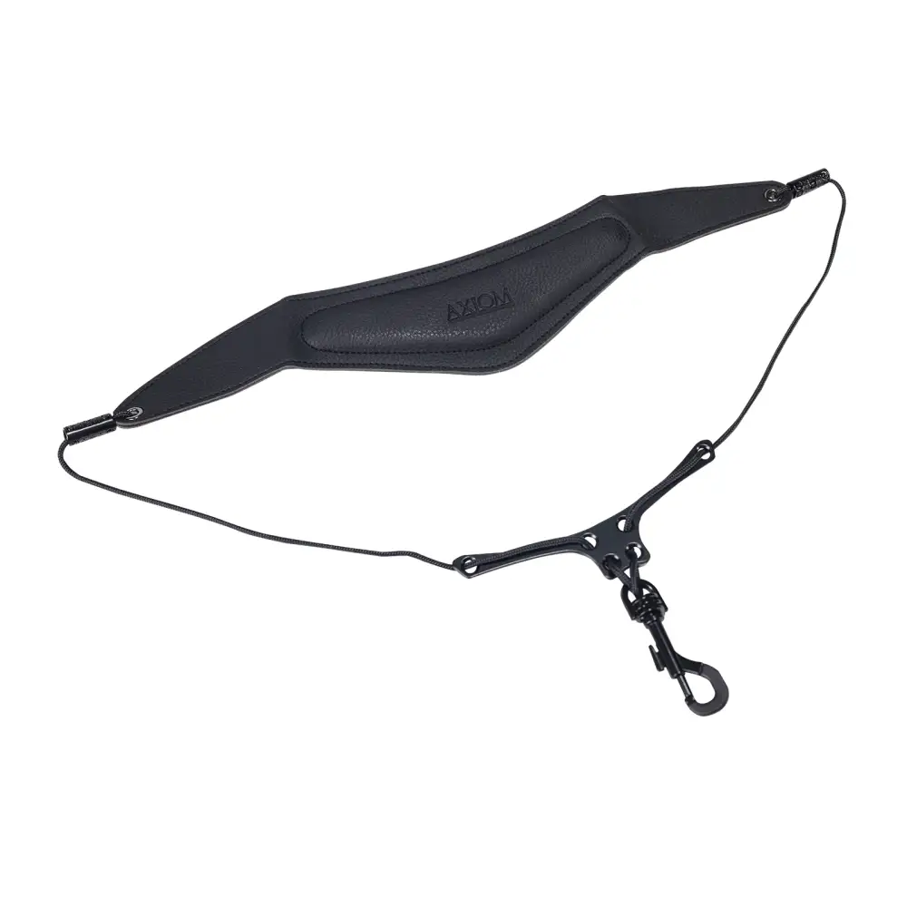 Black leather saxophone neck strap axiom with adjustable metal clasp and hook for comfortable playing