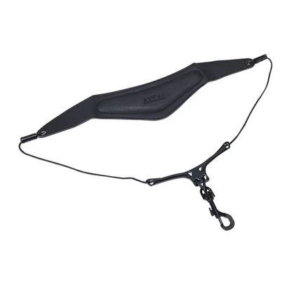 Black leather saxophone neck strap axiom with adjustable metal clasp and hook for comfortable playing