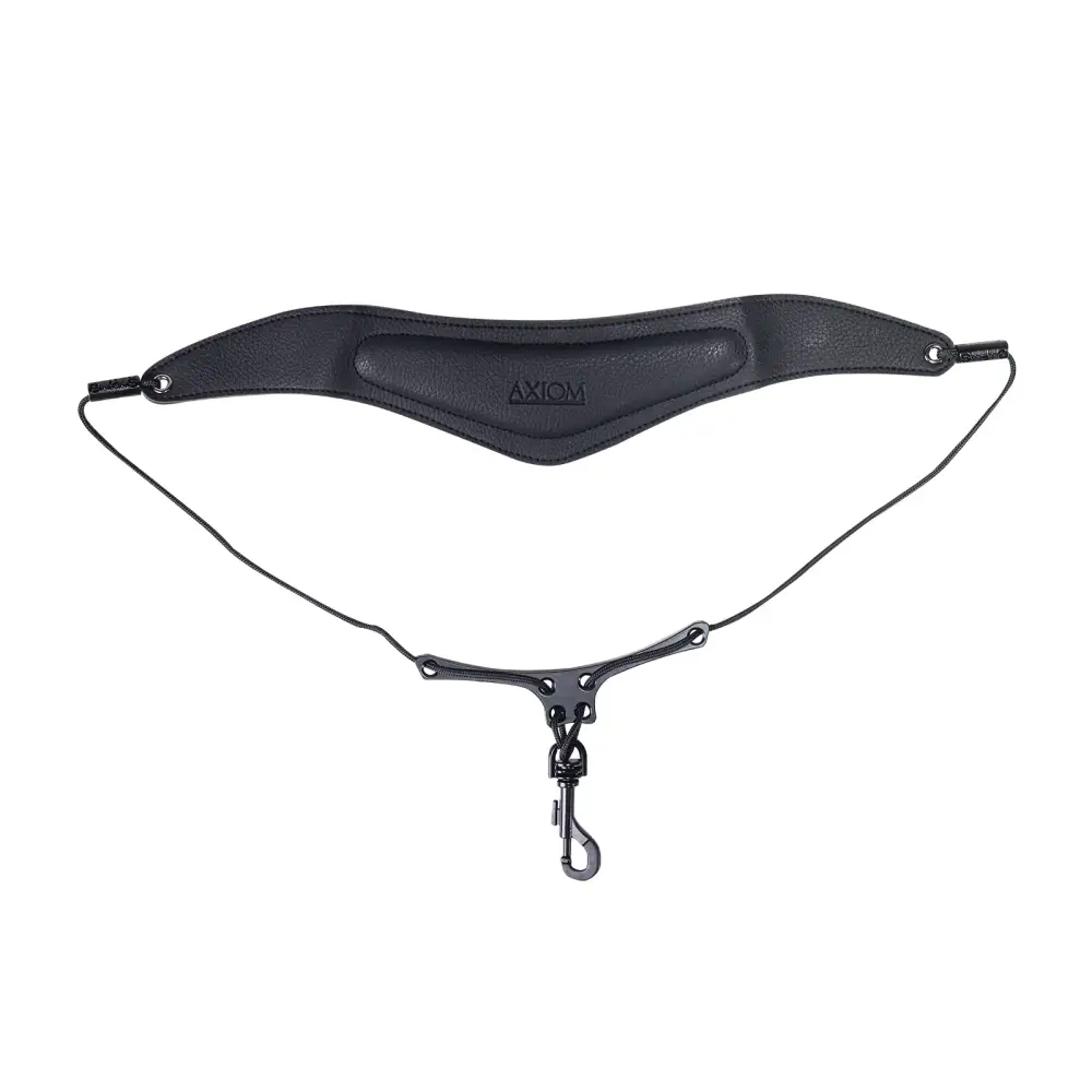 Black leather axiom saxophone strap with metal hook and adjustable cord for comfortable instrument support