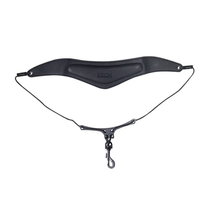 Black leather axiom saxophone strap with metal hook and adjustable cord for comfortable instrument support